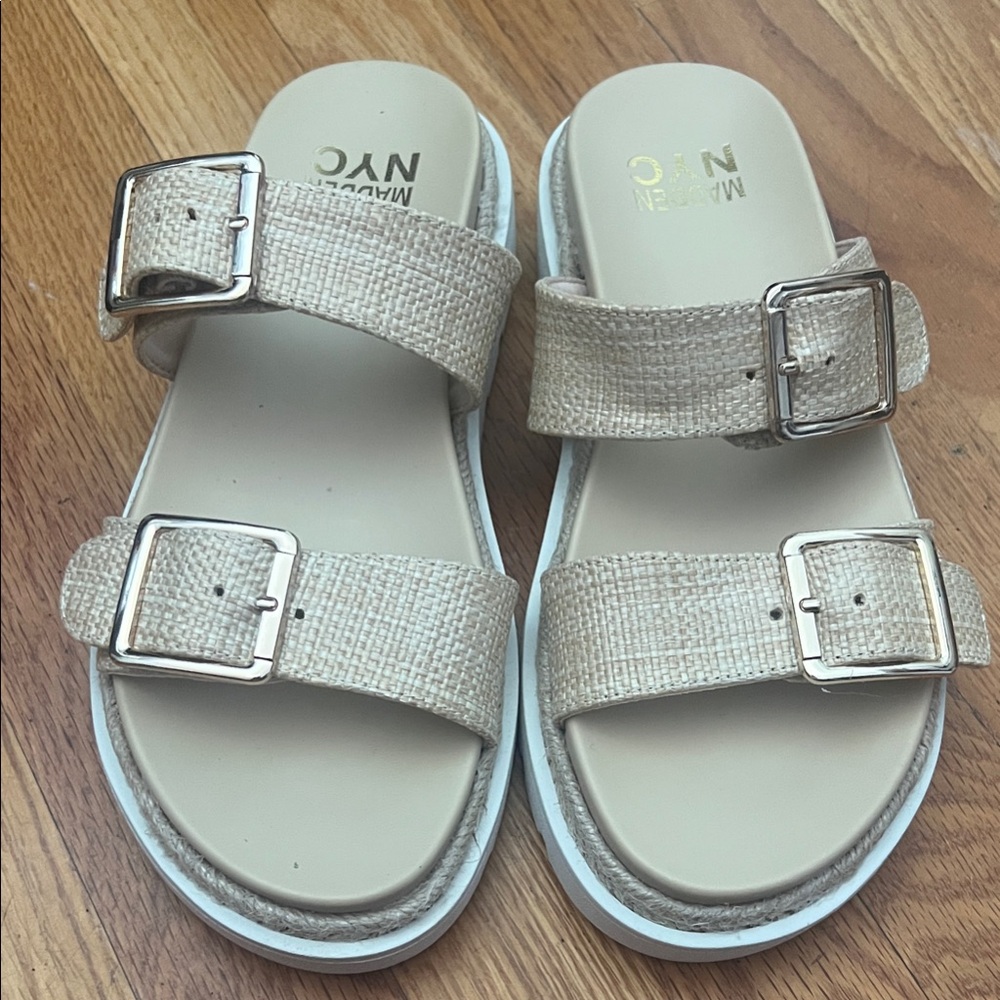 Steve Madden Beige Sandals with Gold Buckles. Size 7. I normally wear a 7 1/2